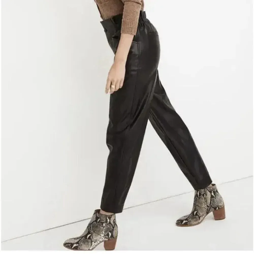 Madewell Vegan Faux Leather Paperbag High Waisted Elastic Zip Pants Black Size 2 - Image 4