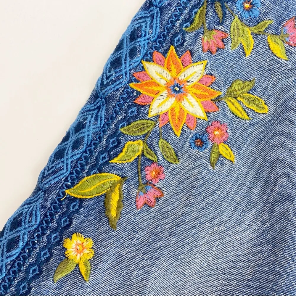 Driftwood  Jackie High Rise Floral Embroidered Distressed Skinny Tulip Hem Jeans - Image 9