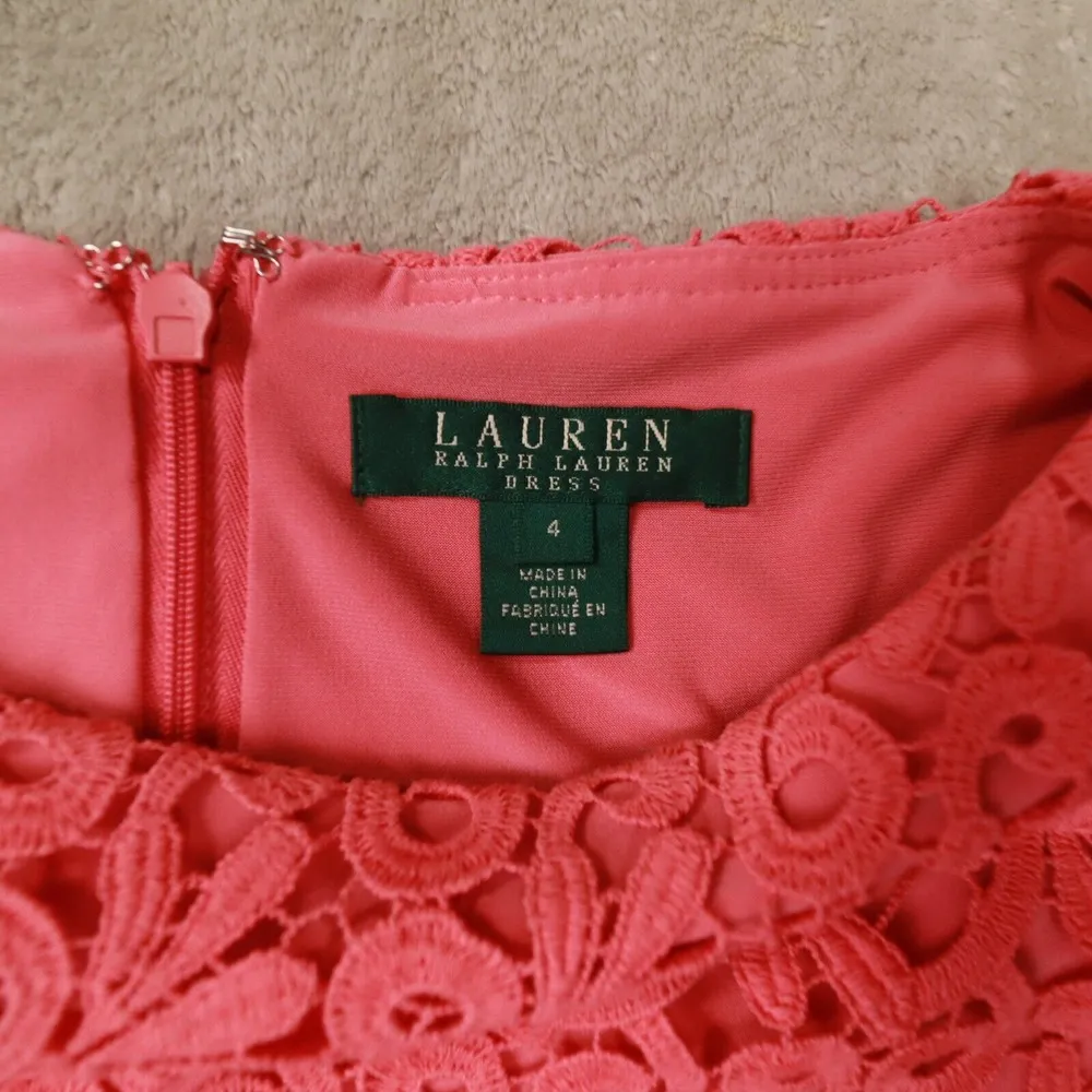 LAUREN Ralph Lauren Women's Coral Pink Crochet Overlay Cap Sleeve Dress size 4‎ - Image 3