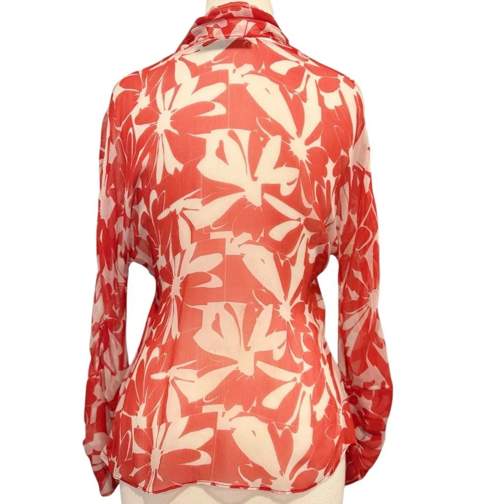 Yigal Azrouel Silk Sheer Red White Abstract Lightweight Floral Neck Size 10 - Image 3