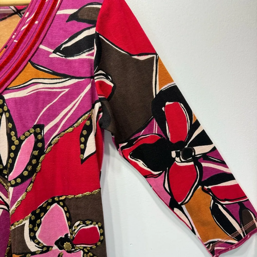 Soft Surroundings Bold Abstract Floral Beaded Sequins 100% Cotton Top Medium - Image 15