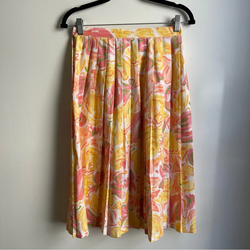 Vintage Pleated Floral Midi Skirt Russ New Attitude ILGWU Yellow Pink 26" Small - Image 3