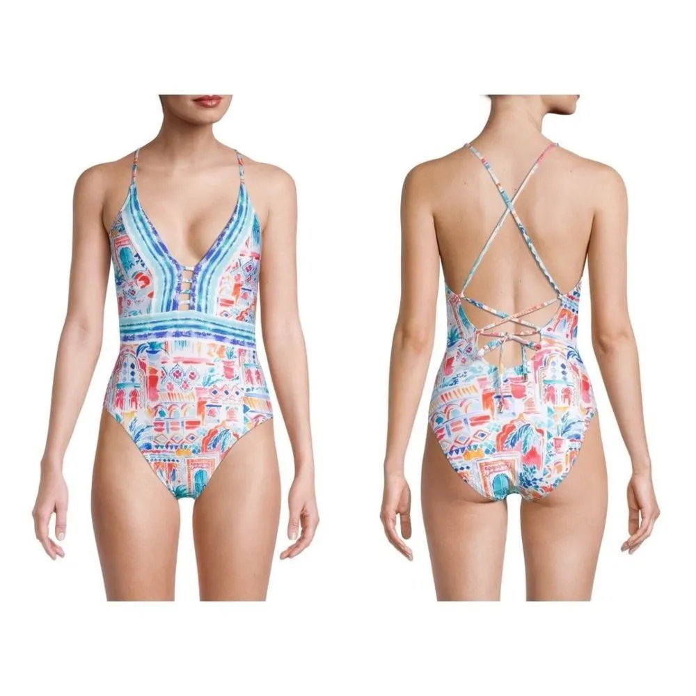 💕LA BLANCA💕 Terra Print Plunge Neck One-Piece Swimsuit ~ 10 Tera Italia NWT - Image 3