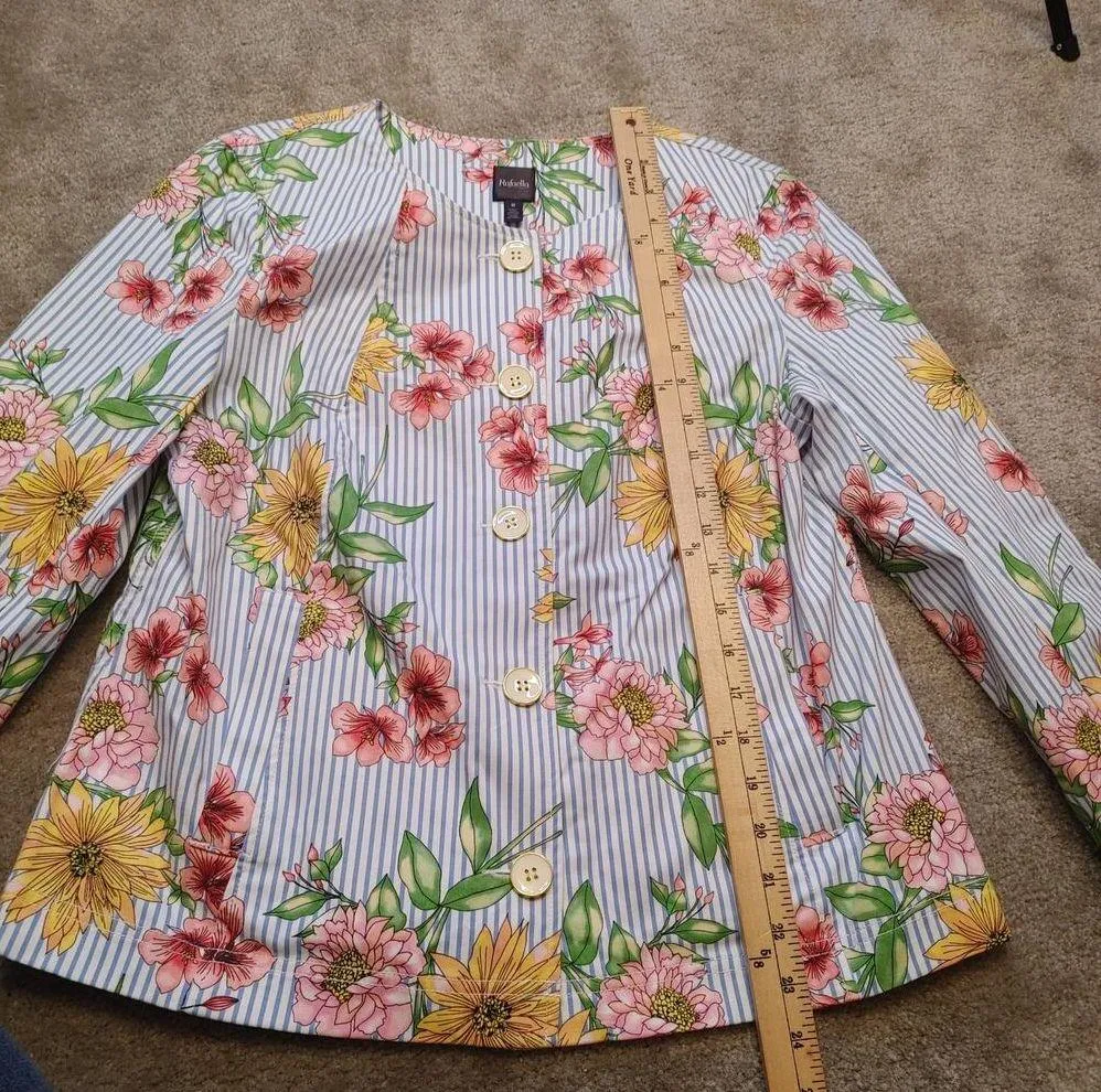 Rafaella Size Medium M Blue Stripe Seersucker Floral Flower Print Blazer Button - Image 8