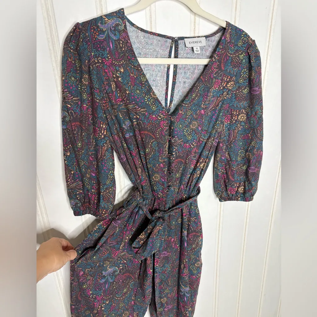 EVEREVE Floral Ember Jumpsuit Size XS Puff Sleeve Belt Cropped Purple Teal 625 - Image 5