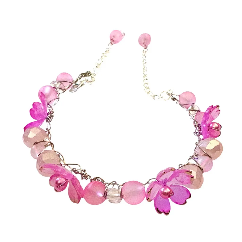 Fairy Bracelet with Lucite Flowers and Crystals with Chain Extenders Pink - Image 2
