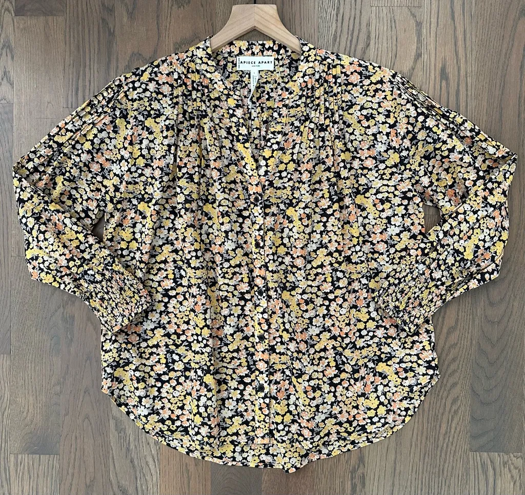 Apiece Apart Yerba Button Front Long Sleeve Blouse in Black Floral Size Small - Image 1