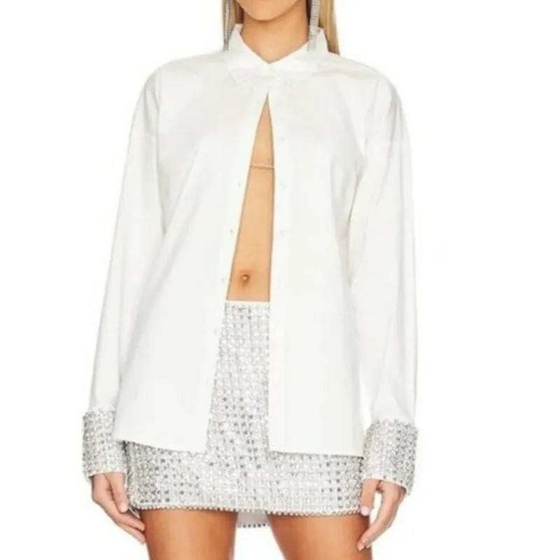 Retrofete Katie Rhinestone Cuff Button Down Top White Silver Womens Size M Size M - Image 7