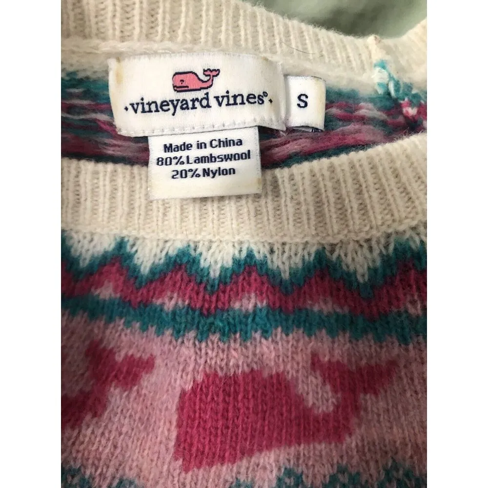 Vineyard Vines Cream Pink Whale Crewneck Sweater Fair Isle‎ Women's Small Rare - Image 2