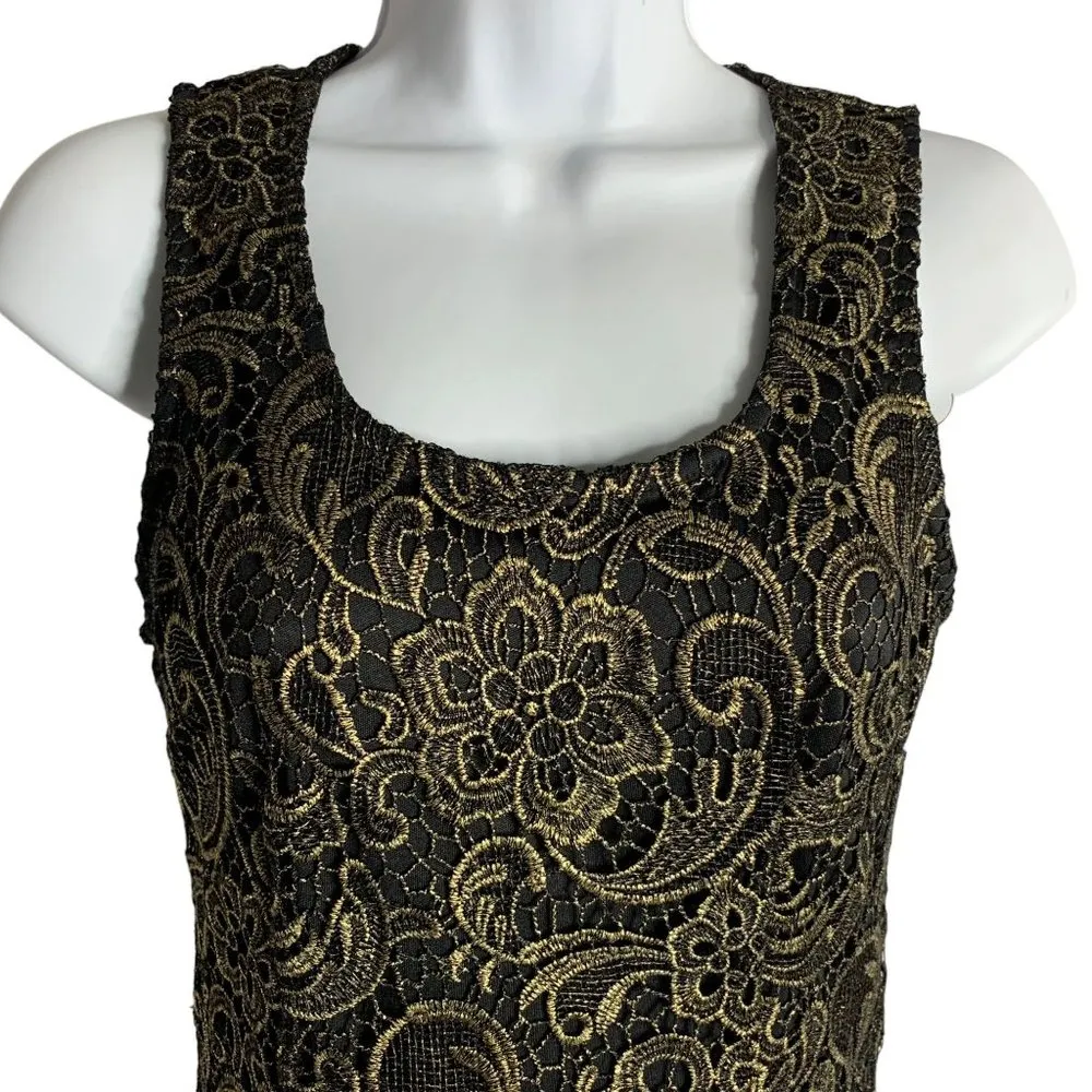 Sans Souci Lace Overlay Sheath Dress XS Black Gold Metallic Sleeveless Zipper - Image 2