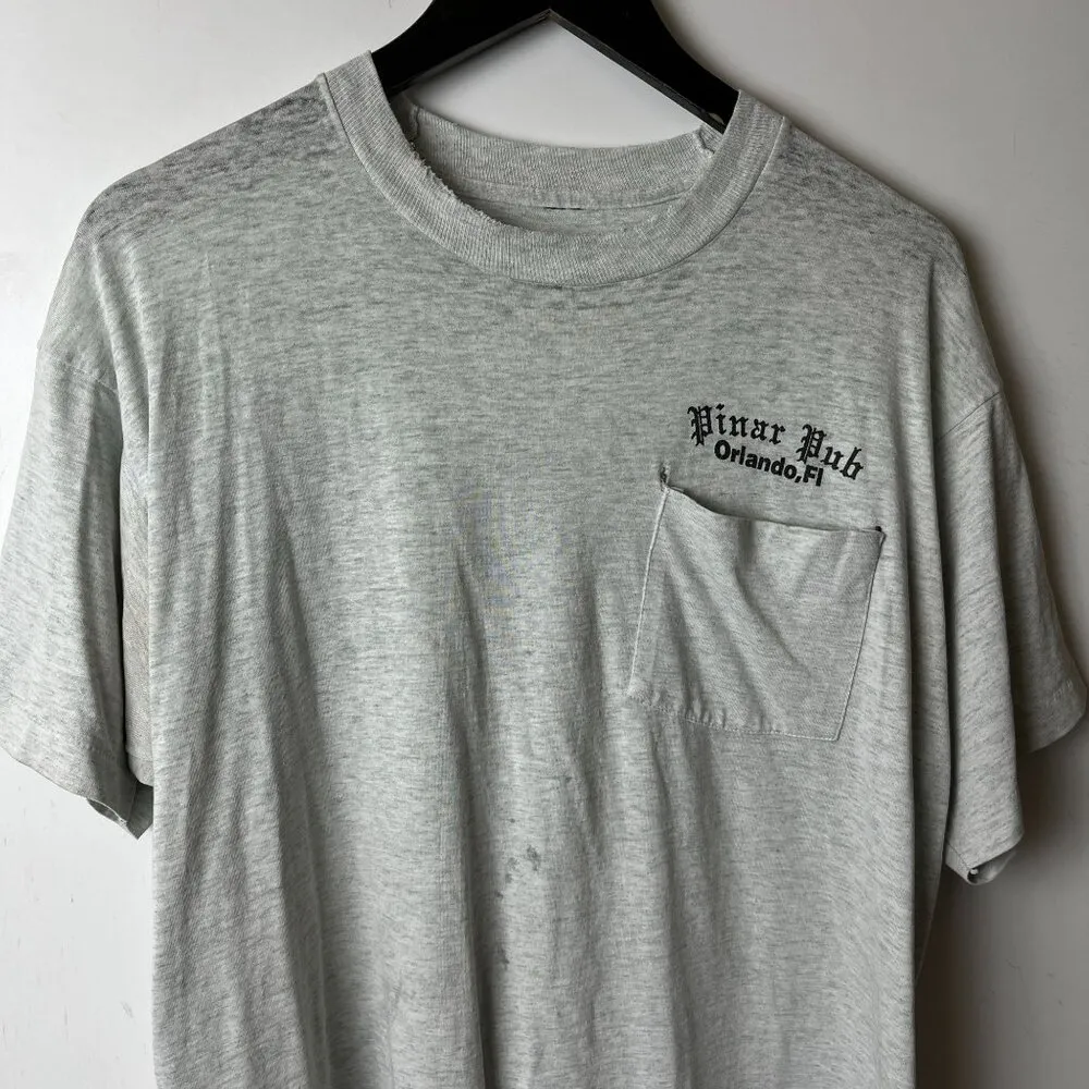 Distressed Vintage 90s Pinar Pub T Shirt Gray Large L Graphic Tee Orlando FL - Image 13