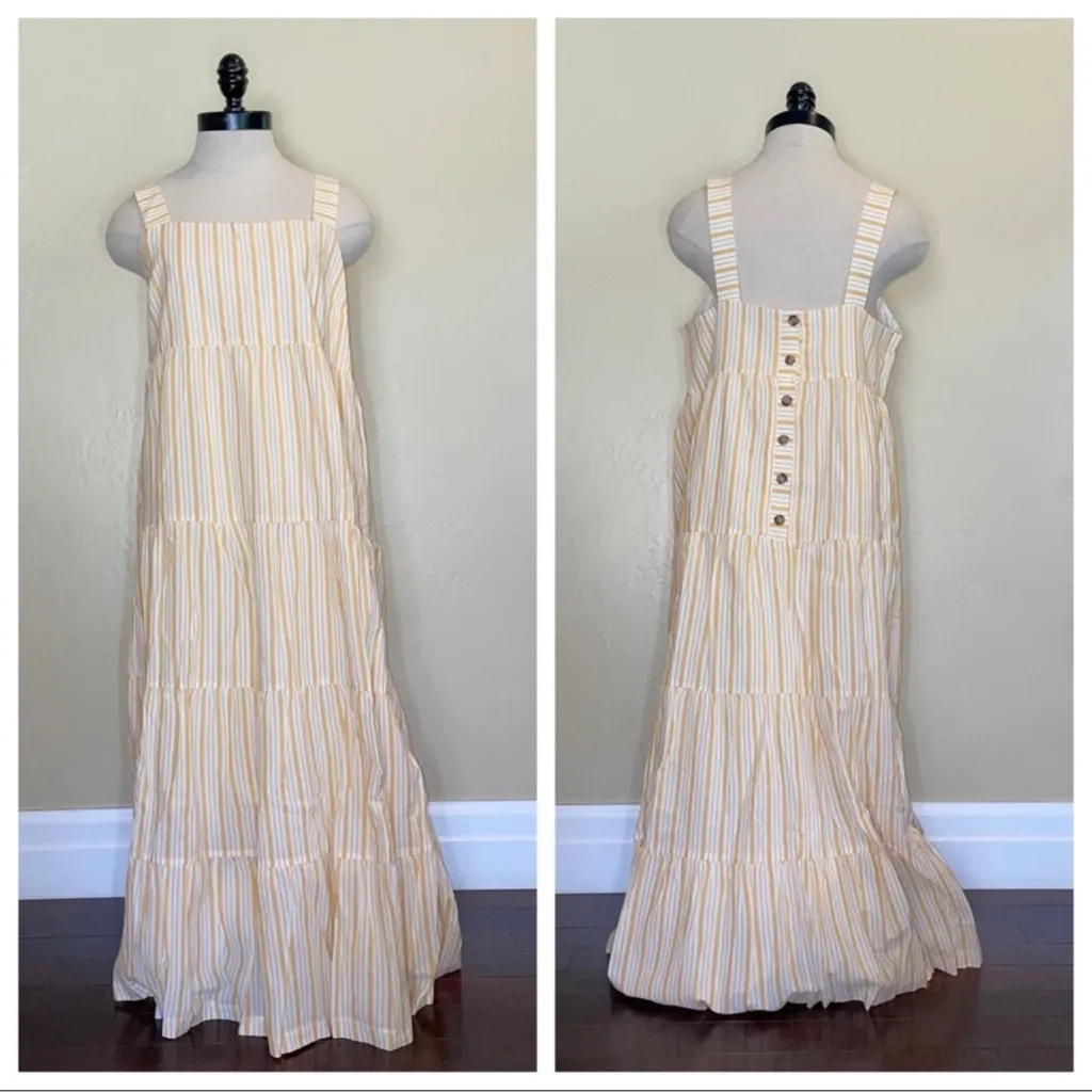 Madewell Striped Button-Back Tiered Midi bohemian summer Dress Yellow size 6 - Image 3