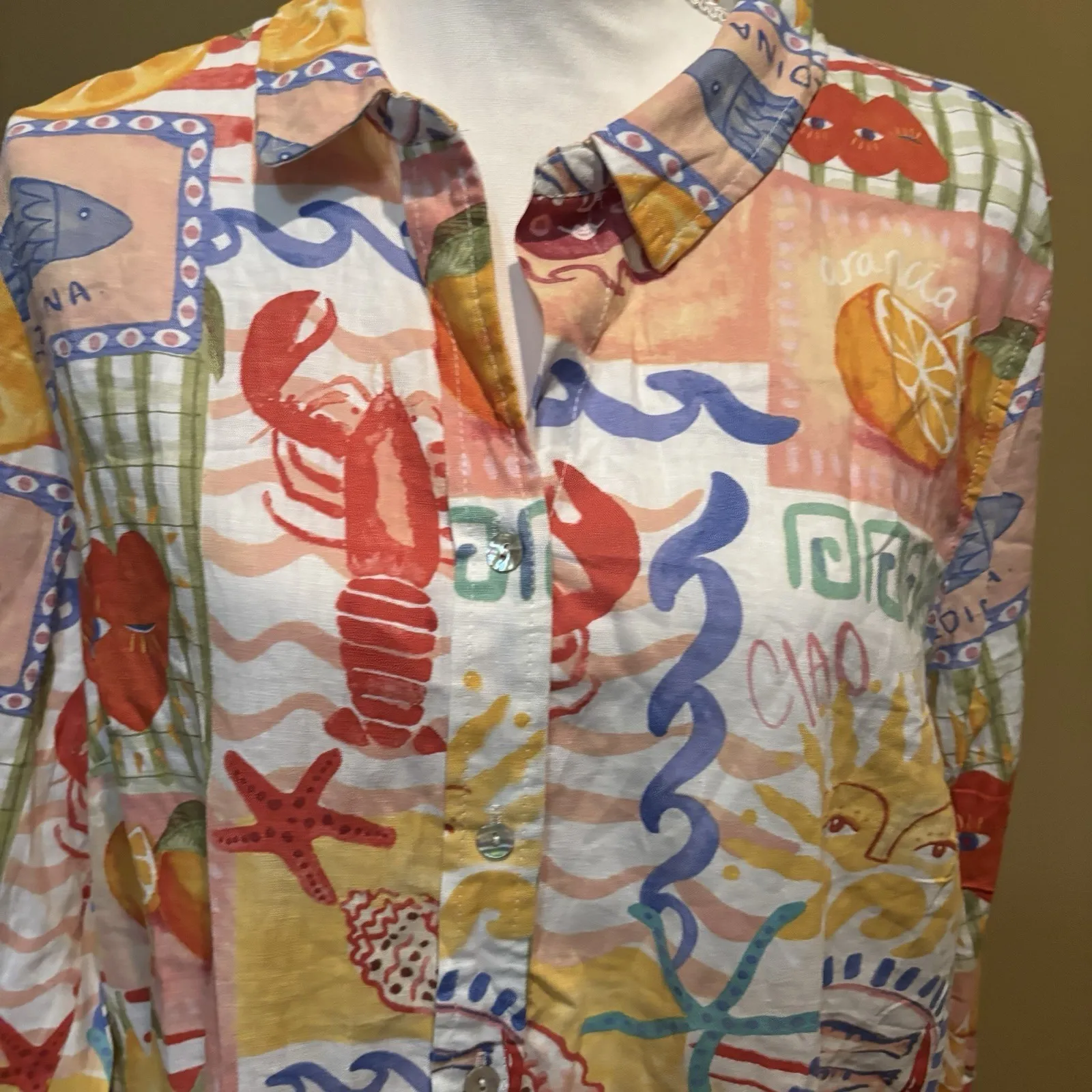 Calypso St‎ Barth Top XL Womens Linen Blend Mediterranean Print Tunic Shirt NWT - Image 3