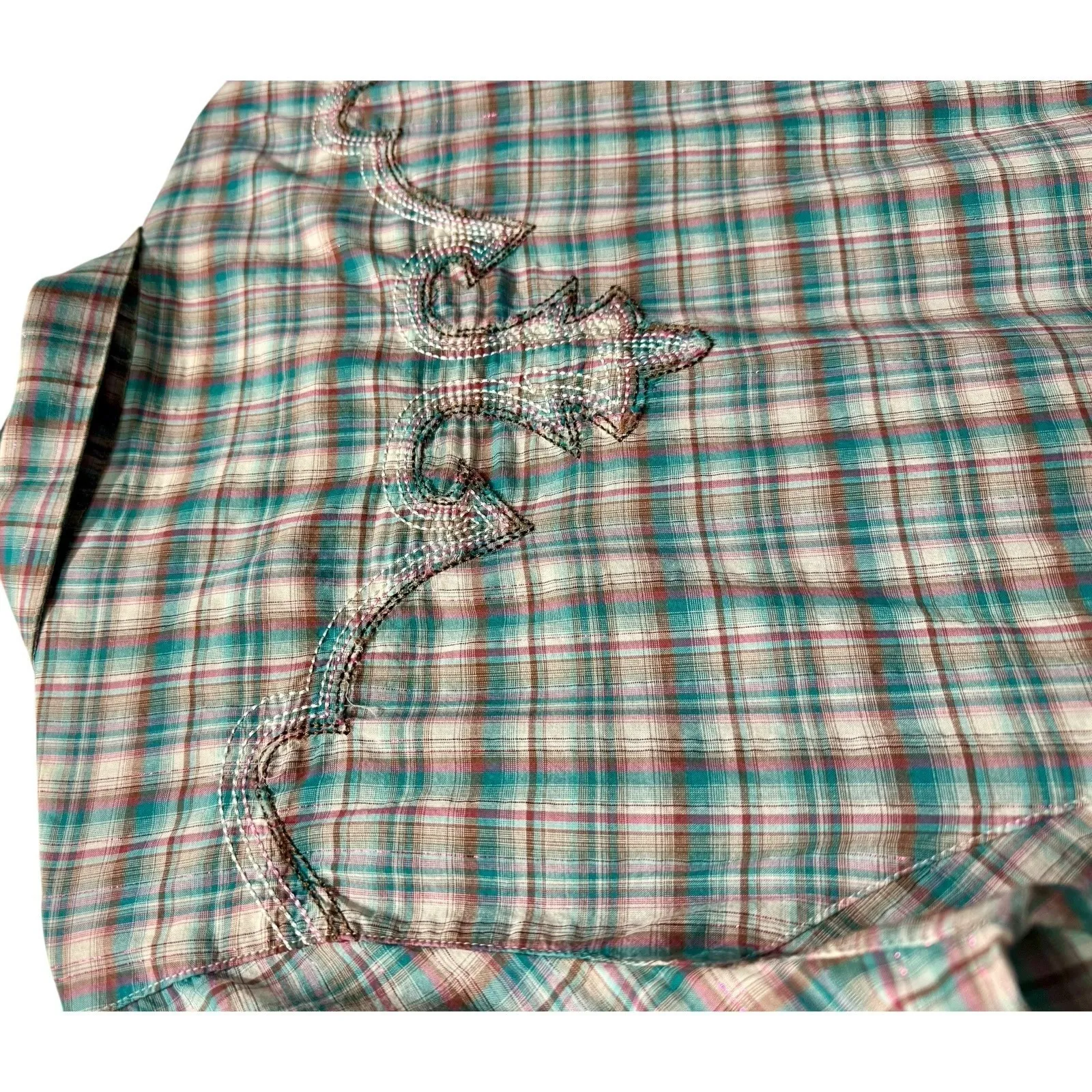 Wrangler Pearl Button Pink / Teal Metallic Thread Plaid Western Rodeo Shirt L - Image 4