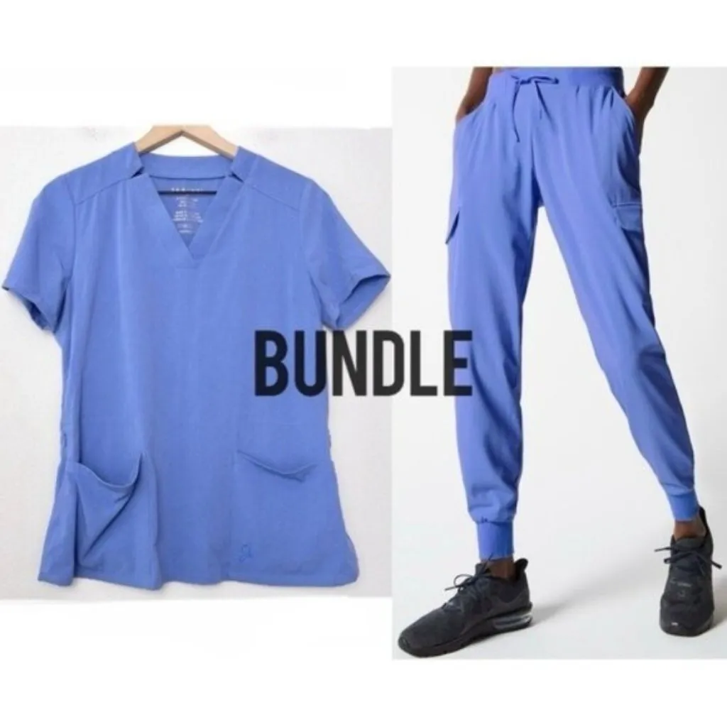BUNDLE Jaanuu Vneck Pocket Notch Top S Ceil Blue Cargo Jogger Scrub Set Stretch - Image 2