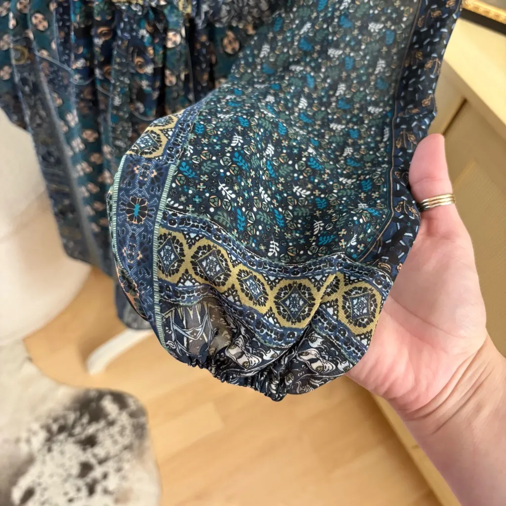 MISA LOS ANGELES Navy Paisley Short Dress Long Sleeves Boho Fall Size Small - Image 3