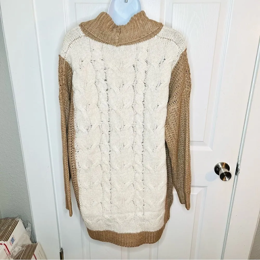 Fable Just For Me Tan Cardigan Sweater Colorblock Chunky Knit Cream Tan M/L NWT - Image 8