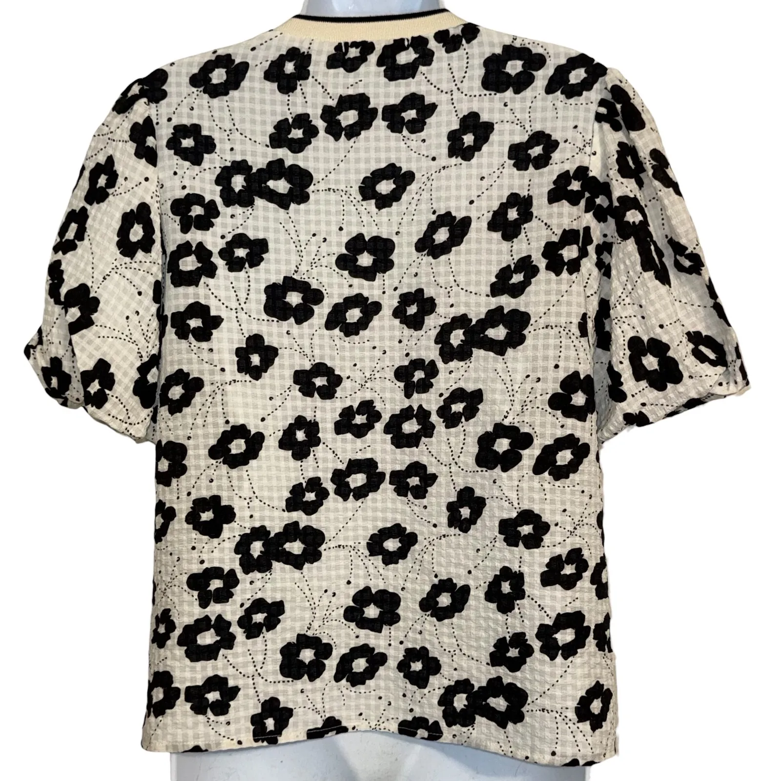 ANTHROPOLOGIE THML White & Cream With Black Floral Puff Sleeve Textured Top  S - Image 6