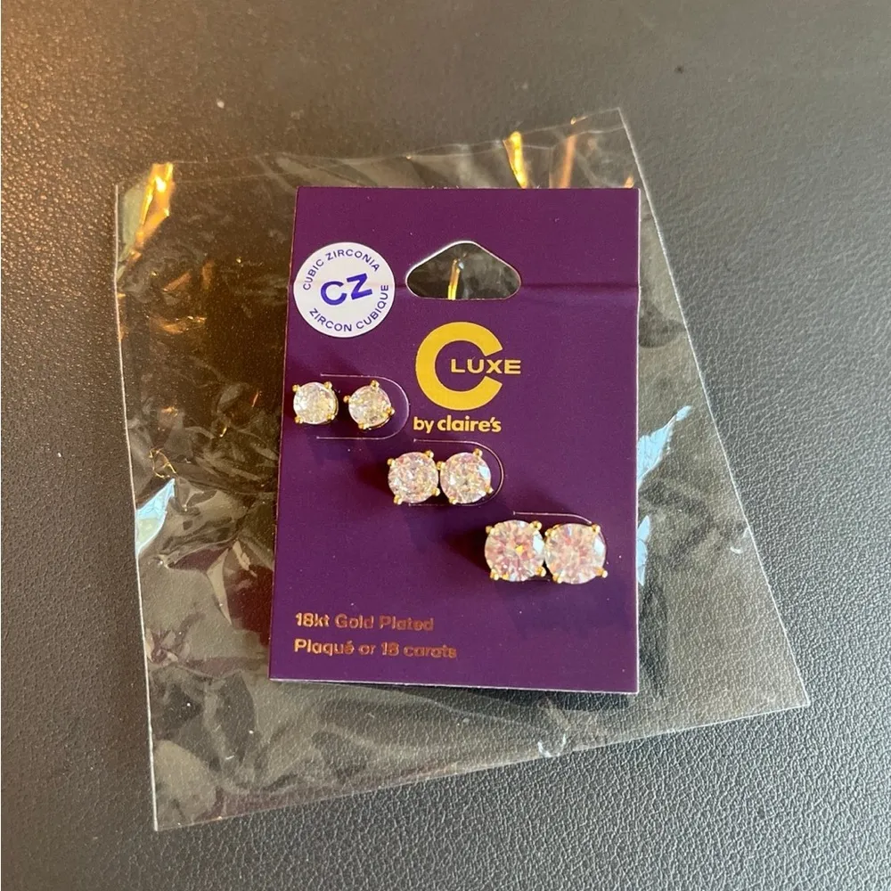 Claire's 18 K Gold and cubic zirconia C luxe earrings set - Image 4