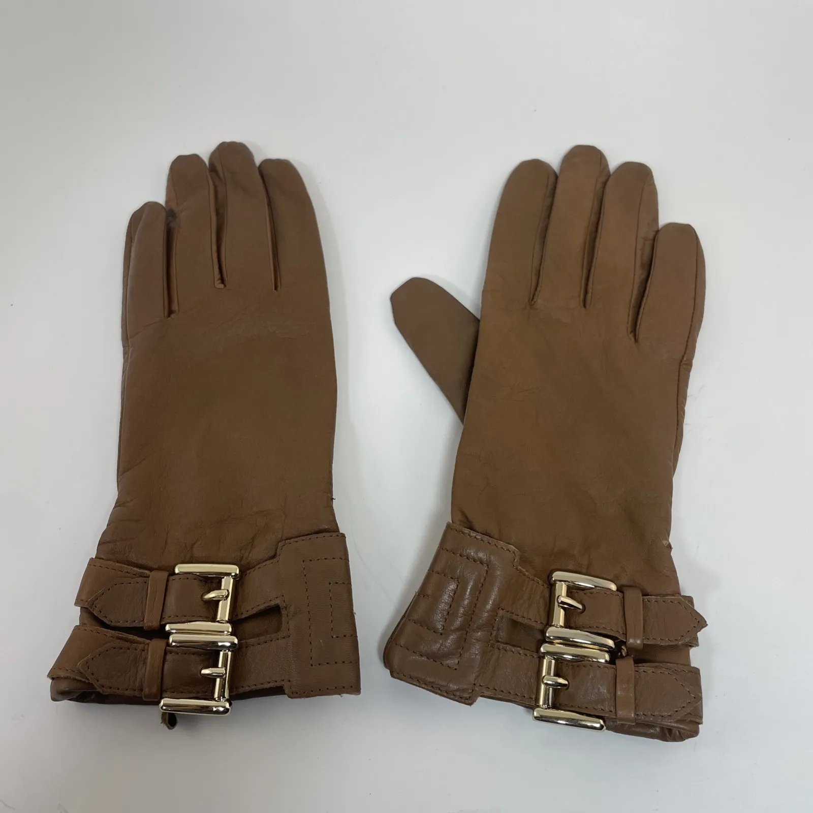 MICHAEL KORS Leather Gloves Buckle Detail Logo Lined Tan Womens Size S - Image 2
