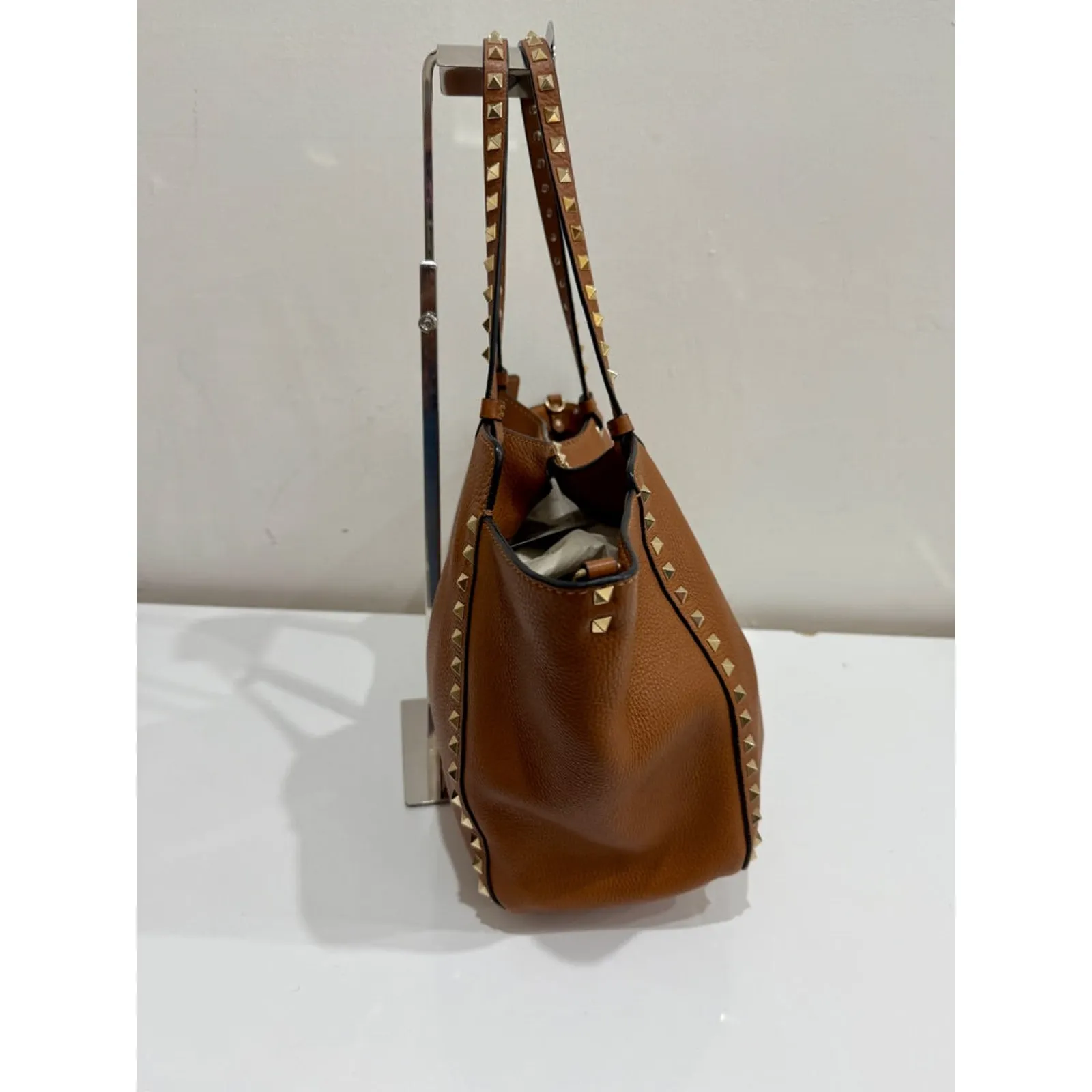 Valentino Light Leather Pebbled Calfskin Rockstud Tote Bag Brown Medium - Image 8
