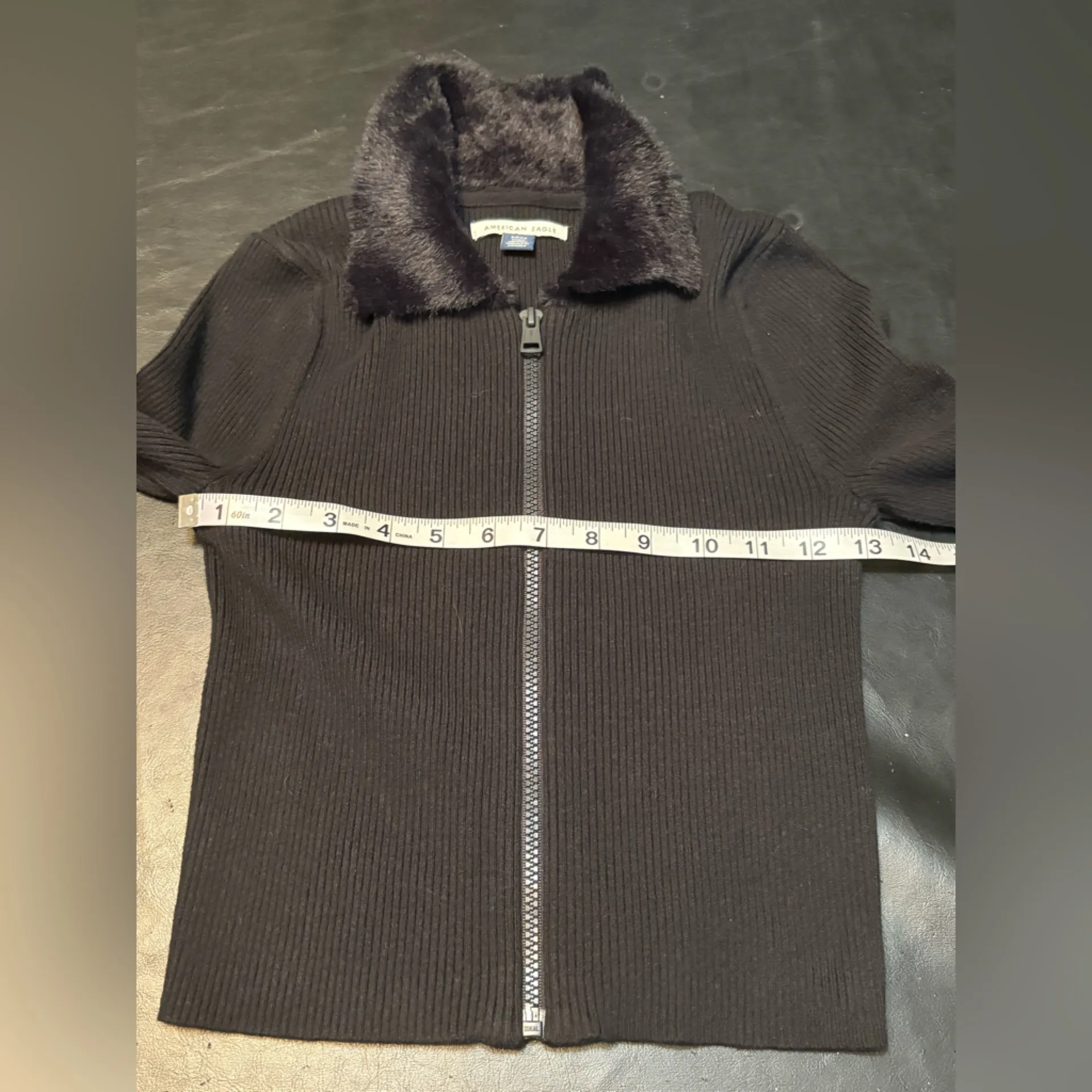 American Eagle Outfitters Black Ribbed Sweater w/ Faux Fur full zip. Size S - Image 7