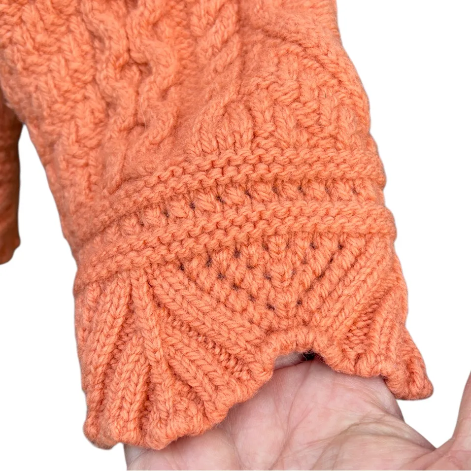 Like New Aran Crafts Merino Wool Cable Knit Crop Lngth Scallop Hem Sweater Large Orange - Image 4