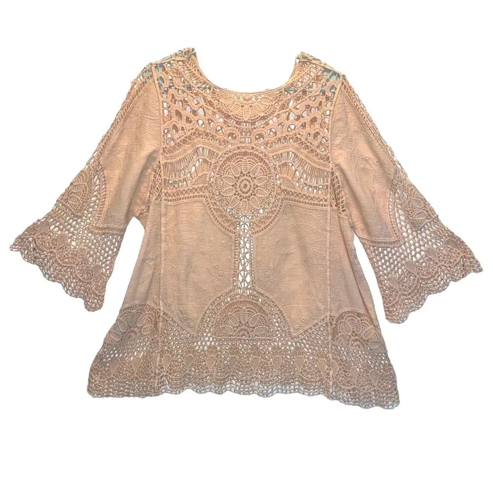 NATURAL UNIQUE CROCHET DESIGN TUNIC size Large Tan - Image 5