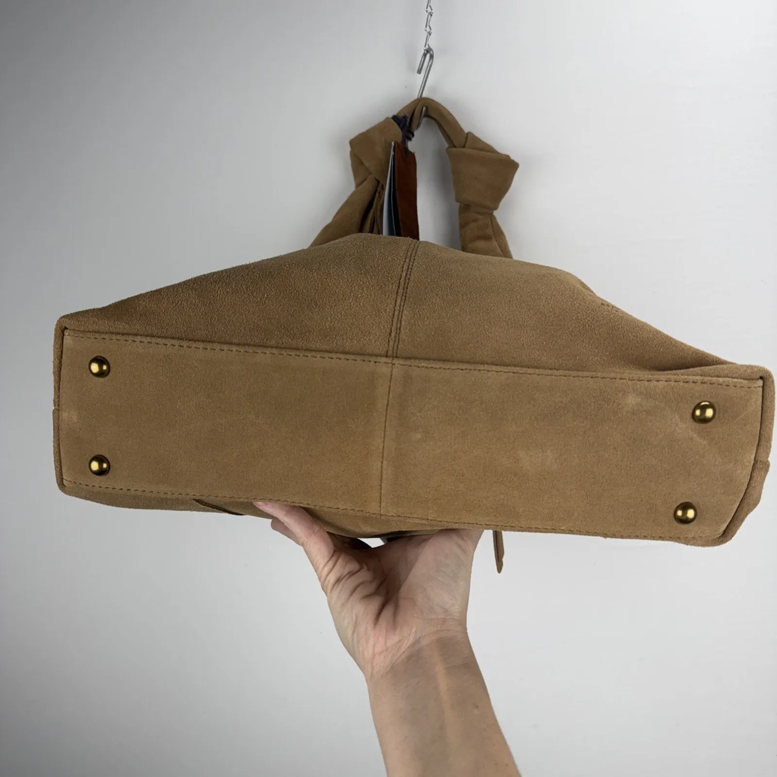 American Leather Co Marietta Knot Hobo Purse Shoulder Bag Cognac Suede Boho Tan - Image 8