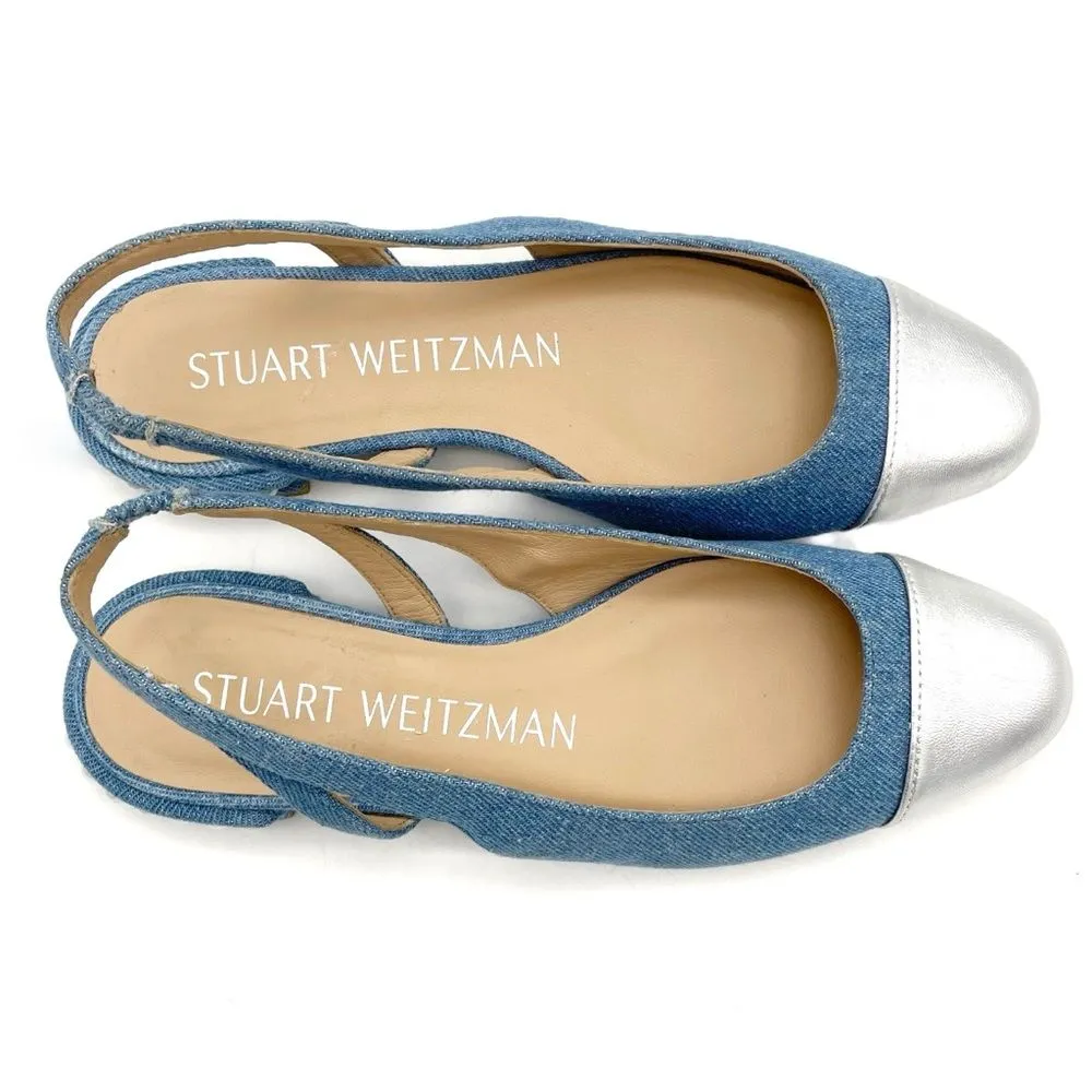 Stuart Weitzman Denim Pearl Slingback Flats Size 6 Silver Cap Toe Made in Spain - Image 12