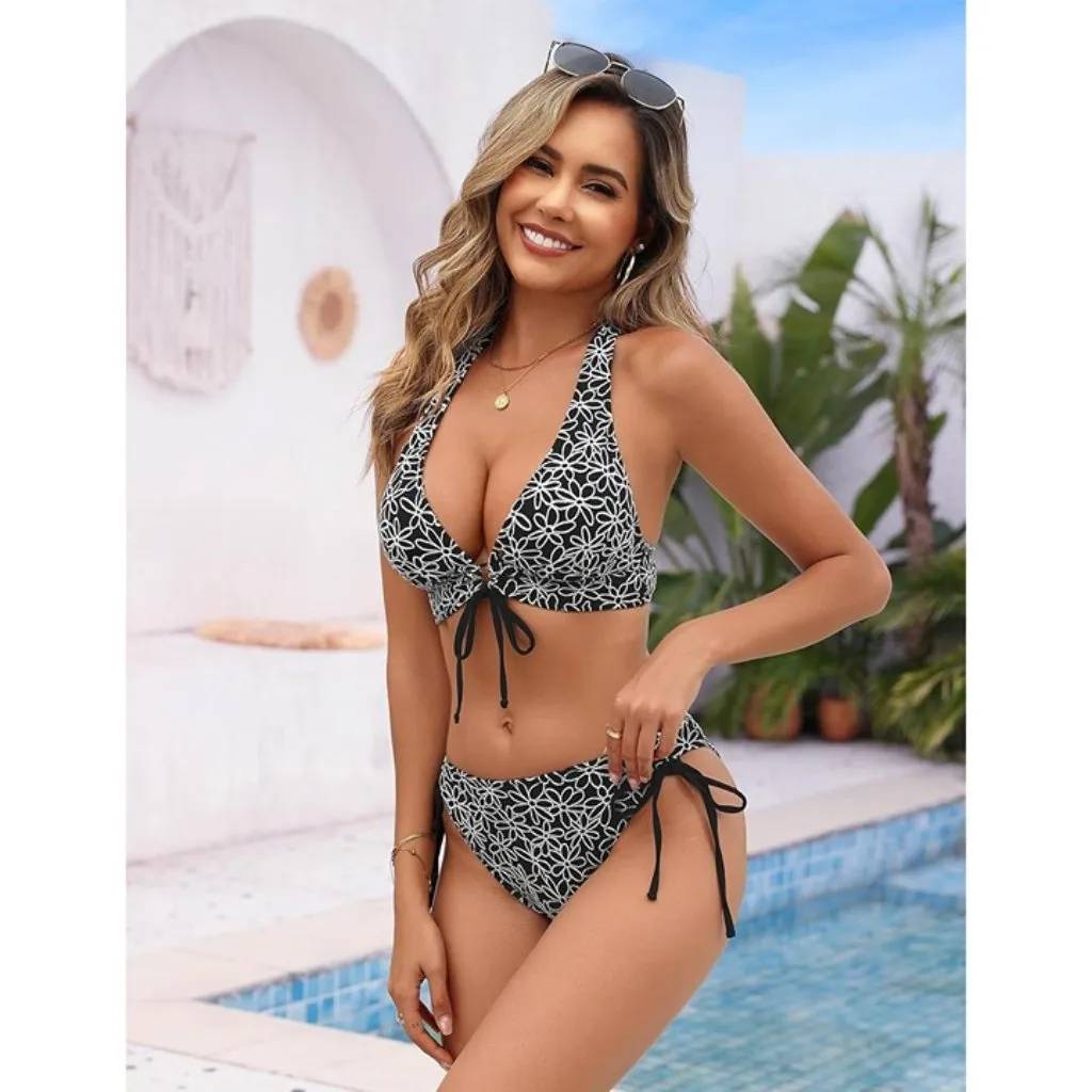 BMJL Large/XL Bikini Floral Black & White 2 Piece Swimsuit Halter Mid Rise NEW - Image 3