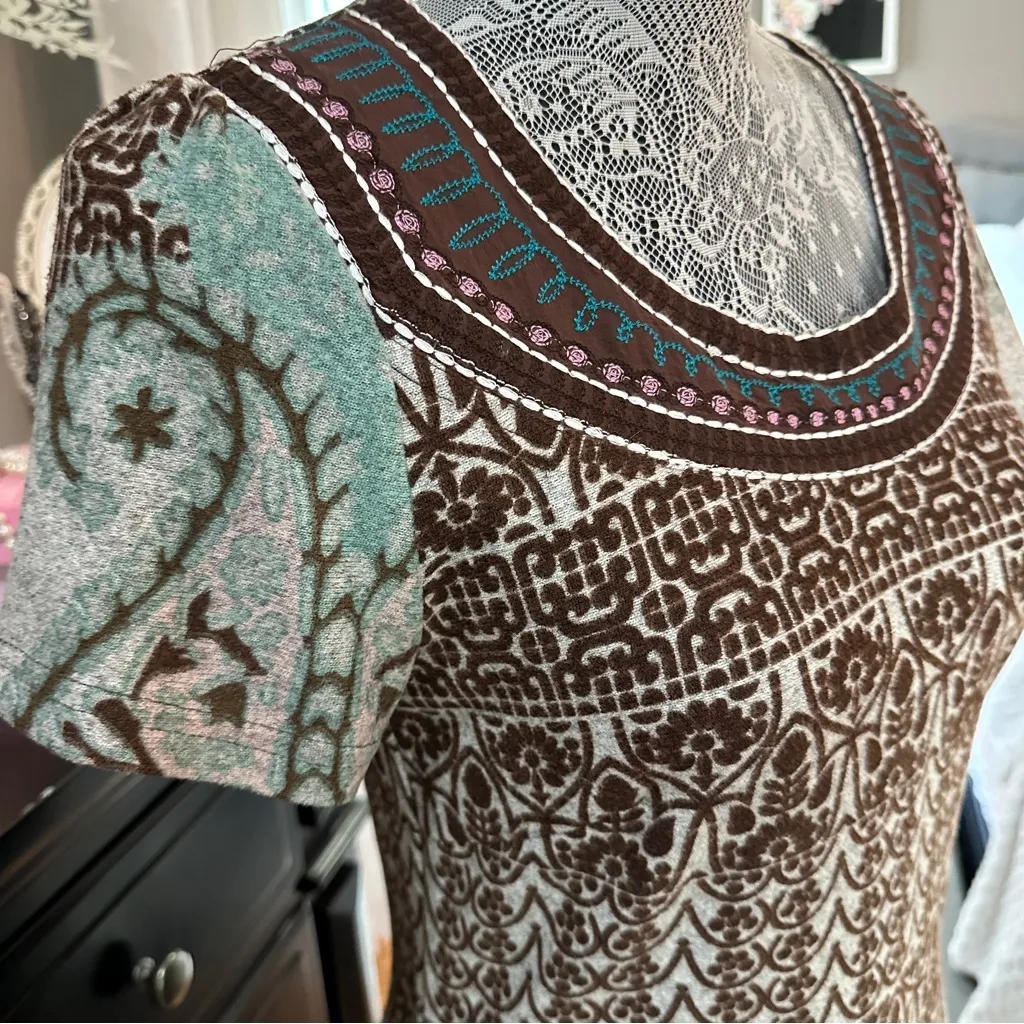 Papillon Boho Paisley Knit Brown Teal Floral Sweater Dress Eclectic Grandpa M Size M - Image 5
