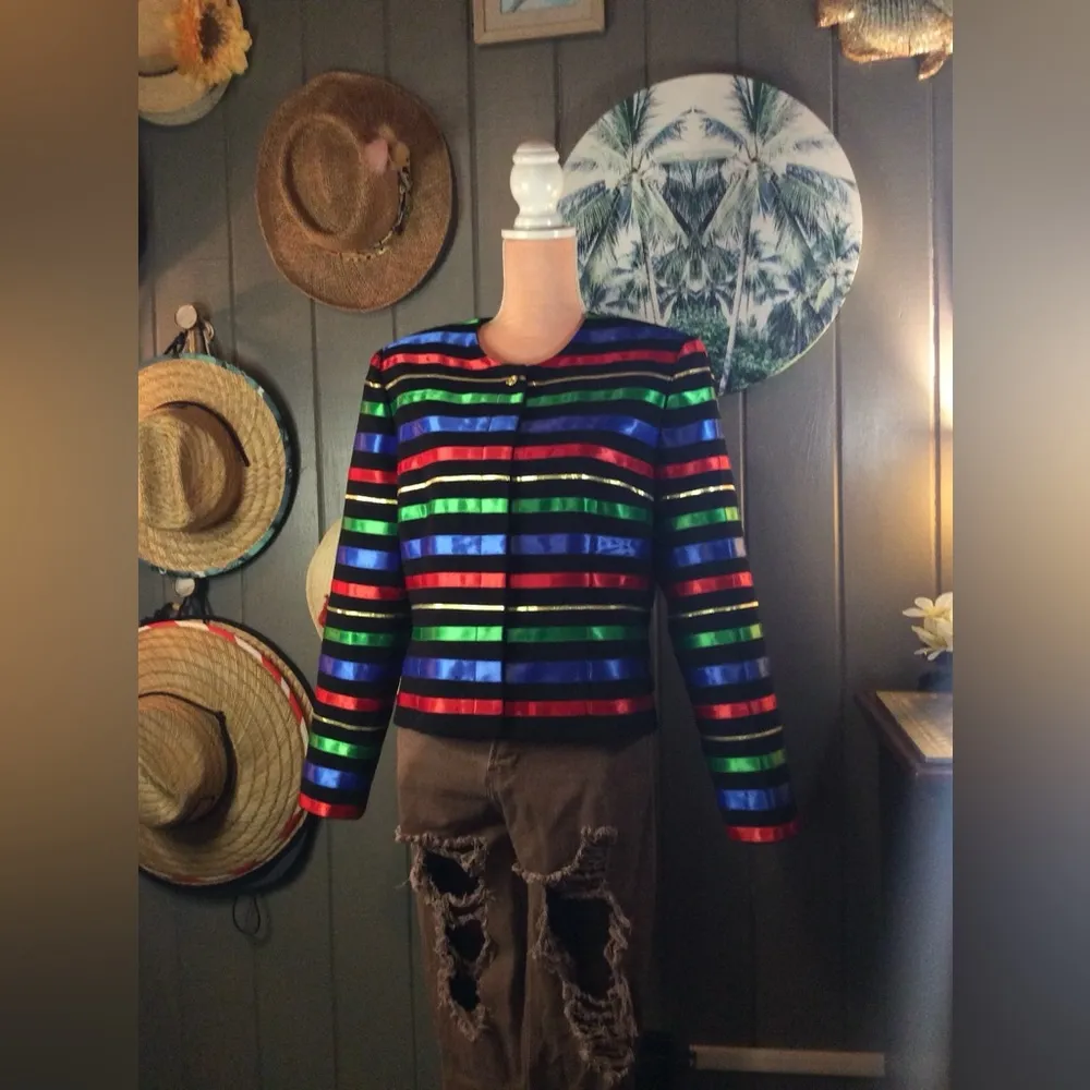 Colorful Ribbon on Black Blazer - Maggy London Suit Jacket Size 14 Petites - Image 3