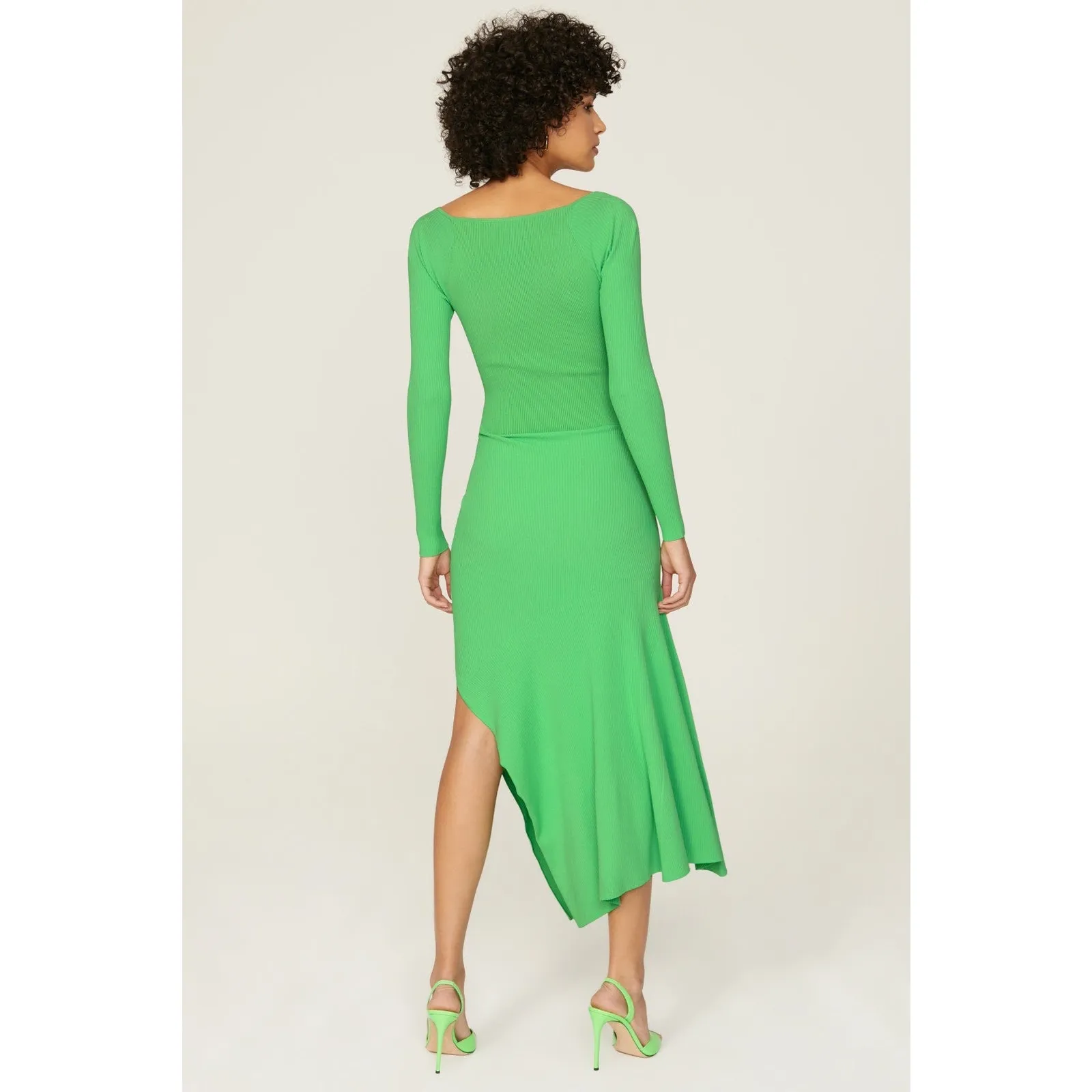 A.L.C. Clara Green Long Sleeve Square Neck Rib Knit Asymmetrical Midi Dress XS - Image 3