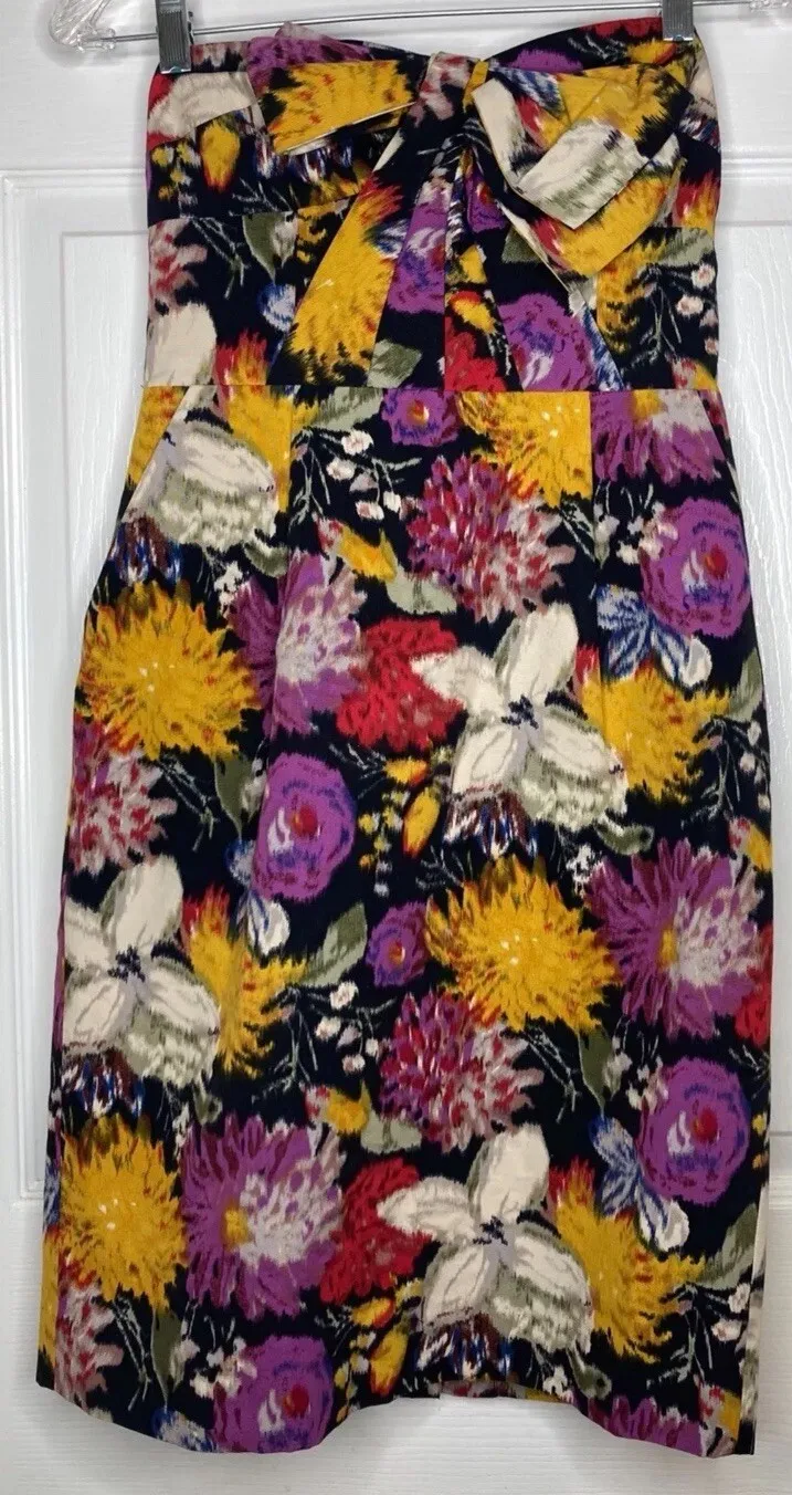 Anthropologie Black Pink Floral Strapless Bow Dress Sz 2 Woman MOULINETTE SOEURS - Image 3