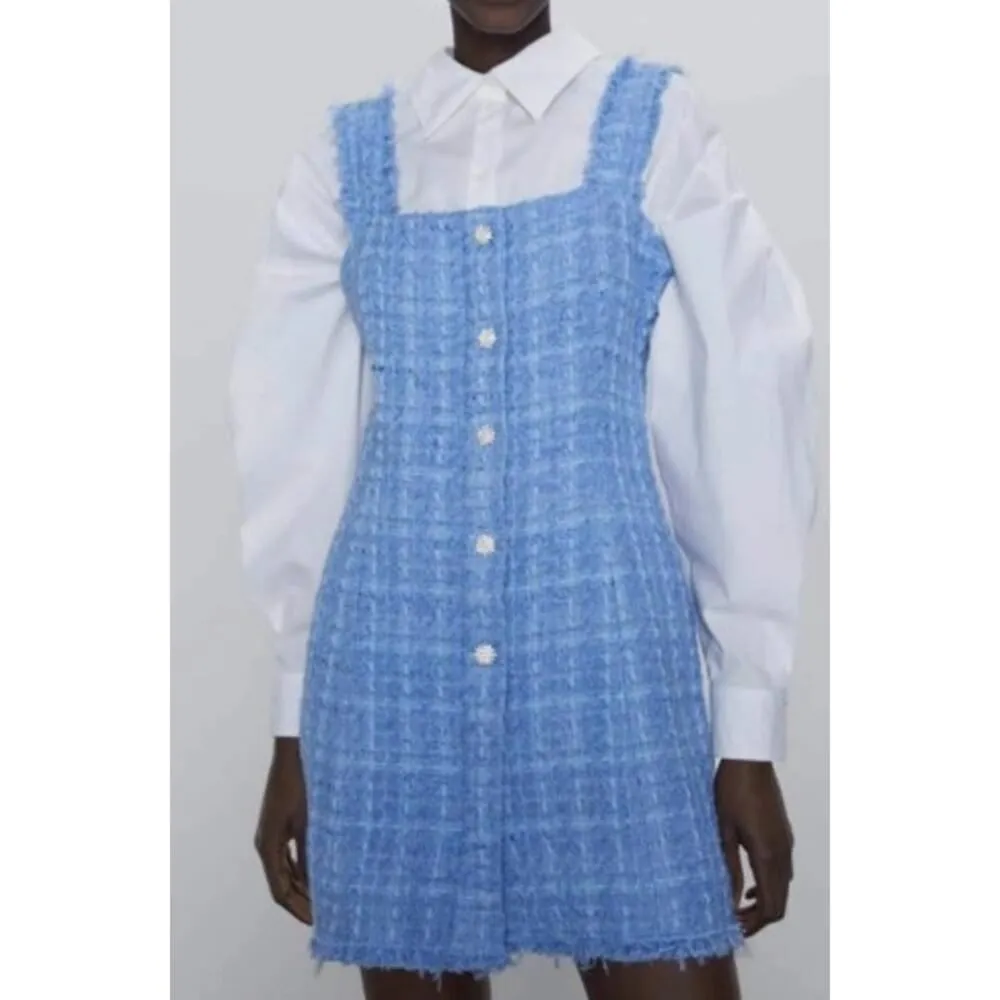 NWT Zara Sky Blue Tweed Dress with Crystal Buttons Sz. XL - Image 4