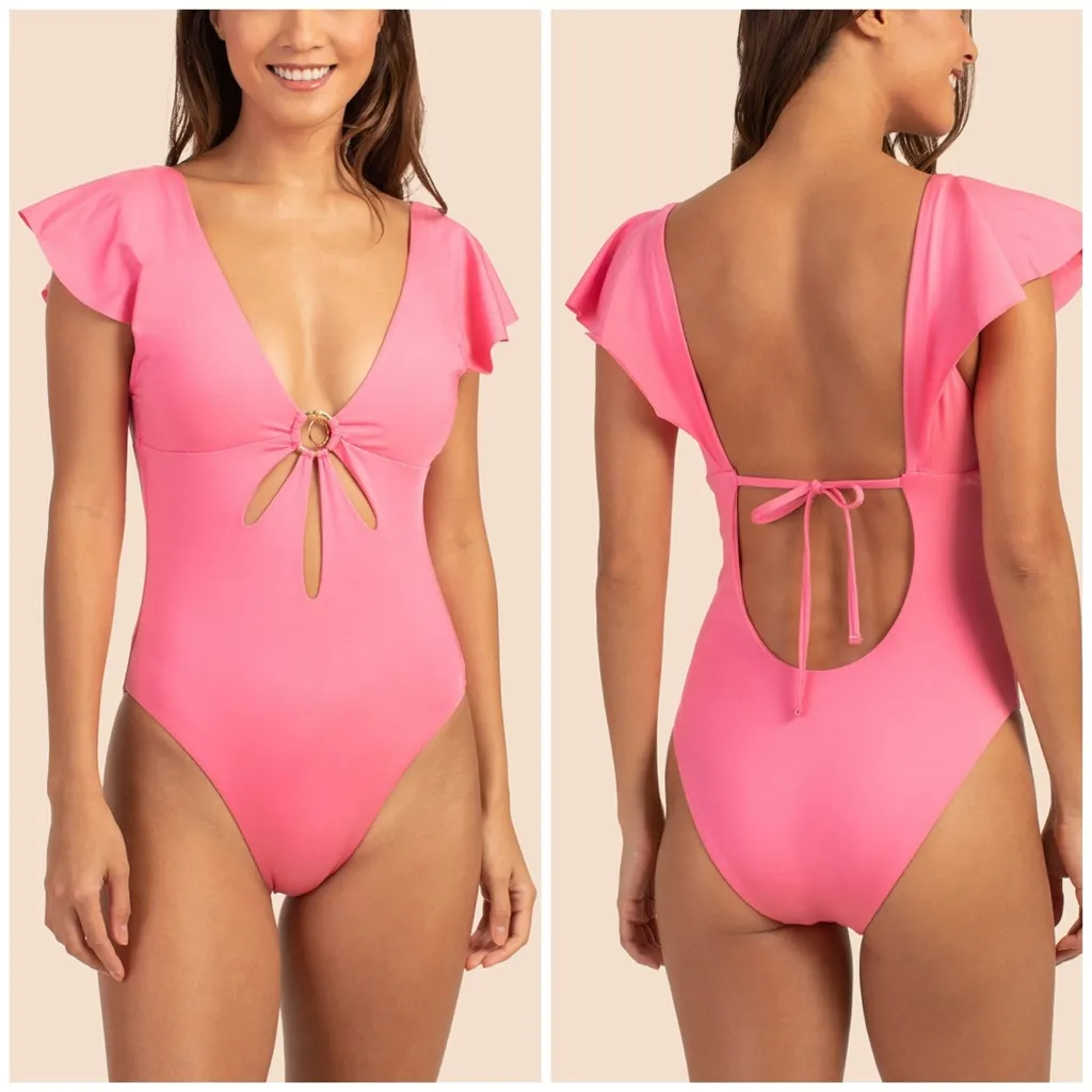 Trina Turk Pink Flutter Sleeve V-Neck One Piece Swimsuit Geranium Size 14 XL - Image 2