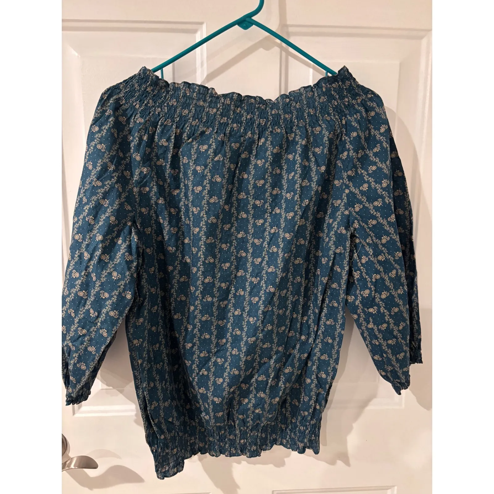 LRL Ralph Lauren Jeans Co Smocked Off Shoulder Crop Top Blouse Blue Floral L Size L - Image 4