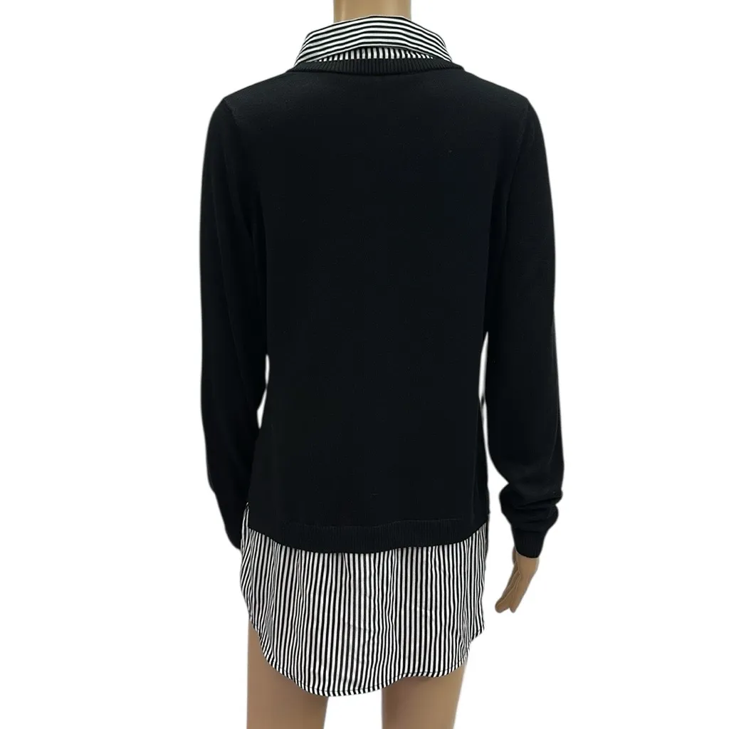 Adrianna Papell Twofer Sweater Blouse Lagenlook Black White Collared Striped M - Image 7