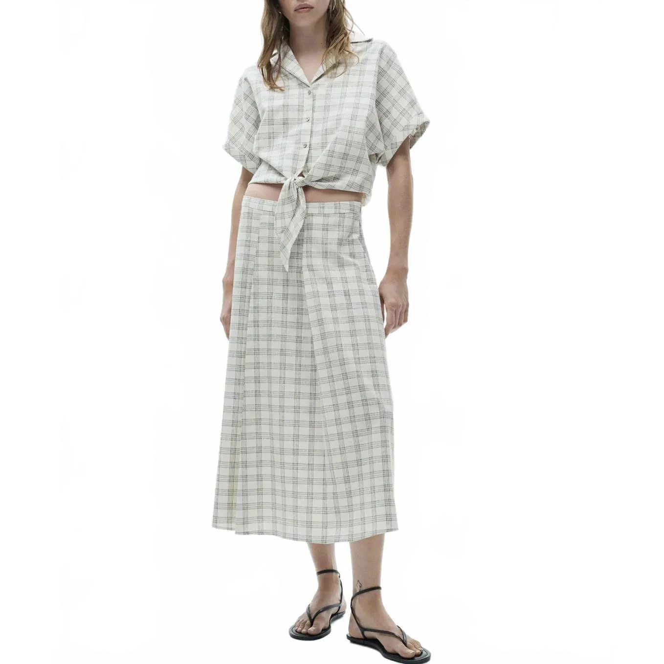 Mango Gingham Check Flared Skirt Ecru Beige Tan NWT Small - Image 6