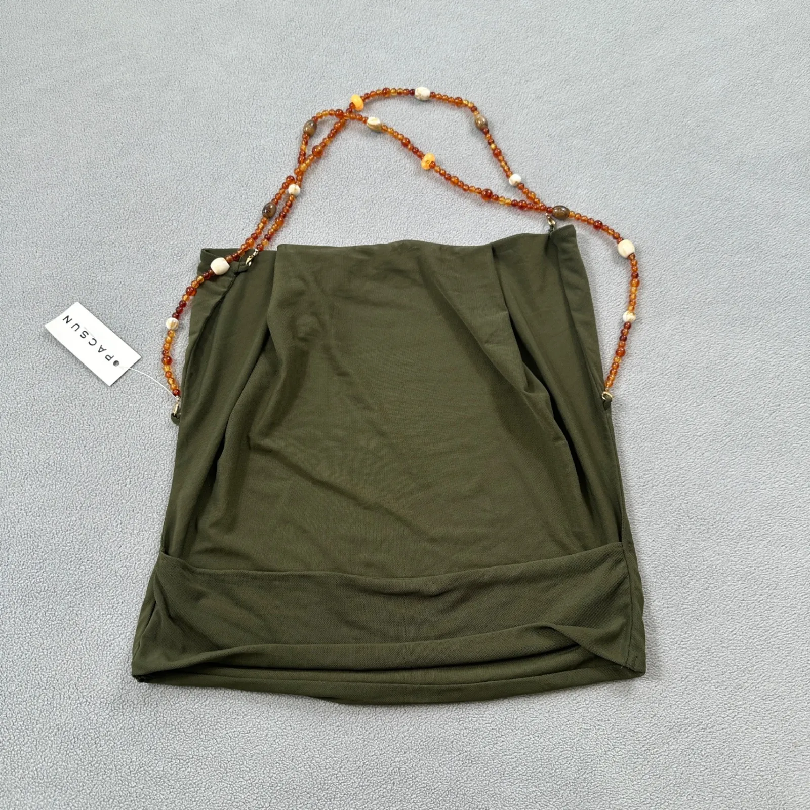 NWT Edikted Top M Womens Beaded Deep Cowl Neck Backless Olive Green Strap Tank - Image 3