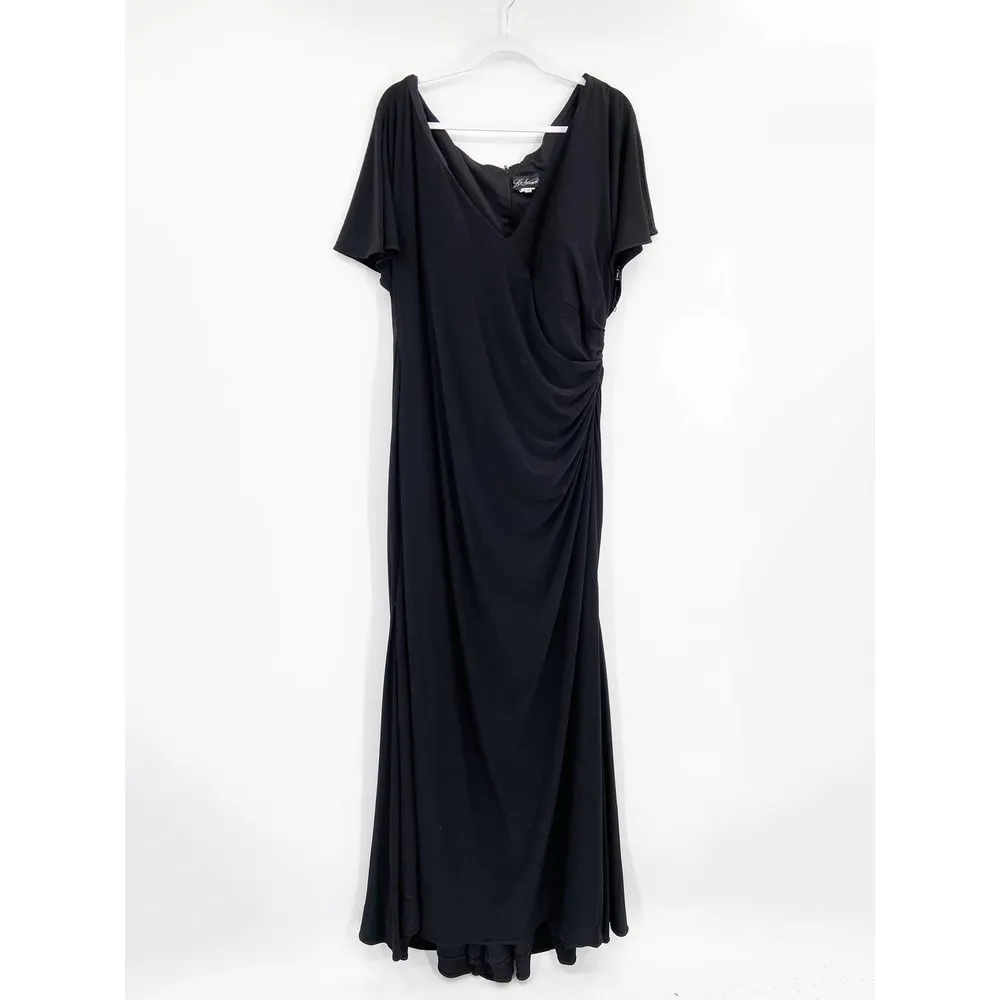 La Femme Black V-Neck Ruched Short Sleeve Maxi Jersey Evening Gown Size 20 - Image 62