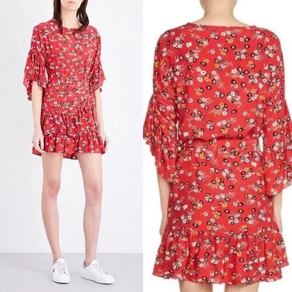 Maje Rahimi Floral Short Sleeve Ruffle Wrap Mini Dress Red Size 1 - Image 2