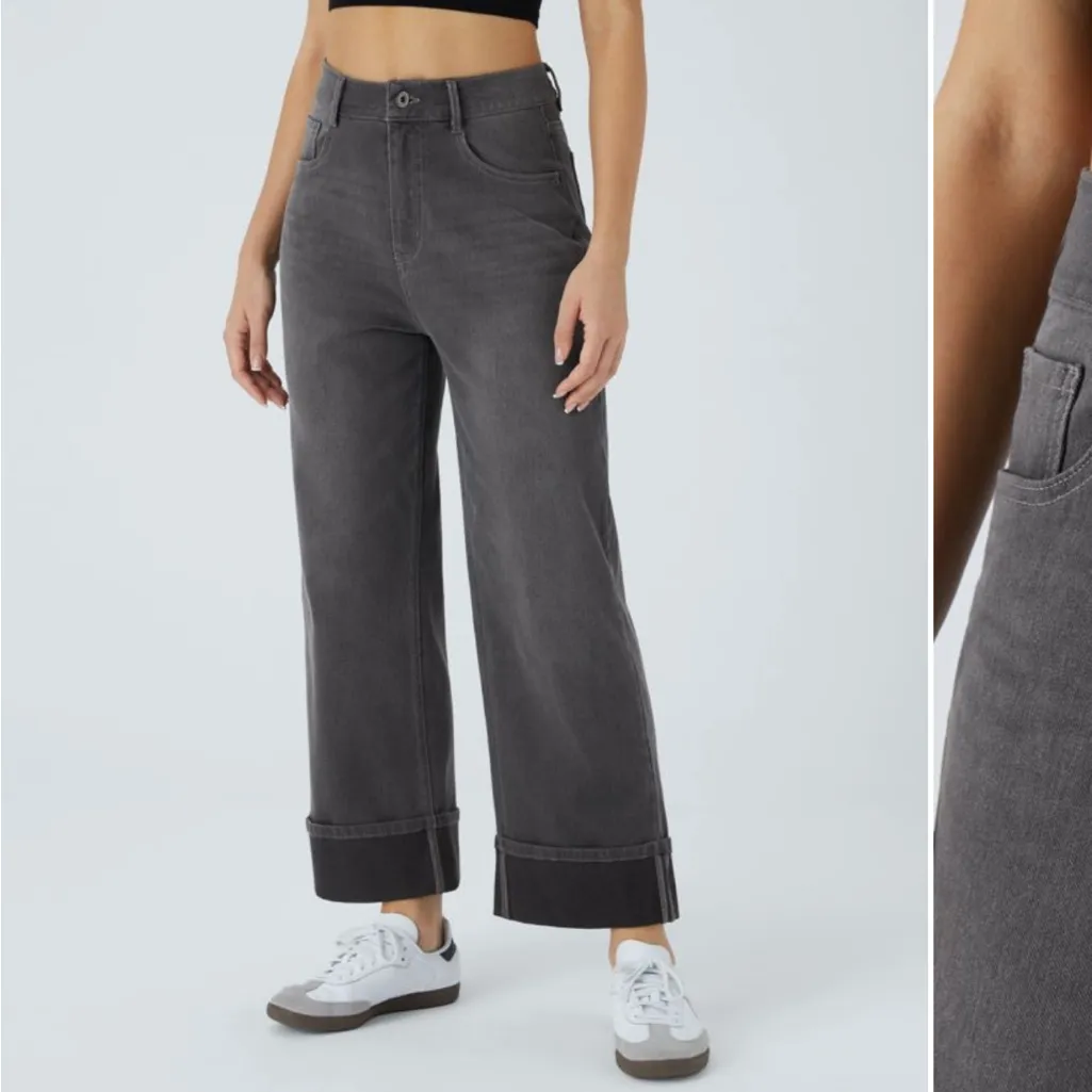 Halara Flex High Waisted Pockets Rolled Hem Wide Leg Jeans Black NWT - Image 3