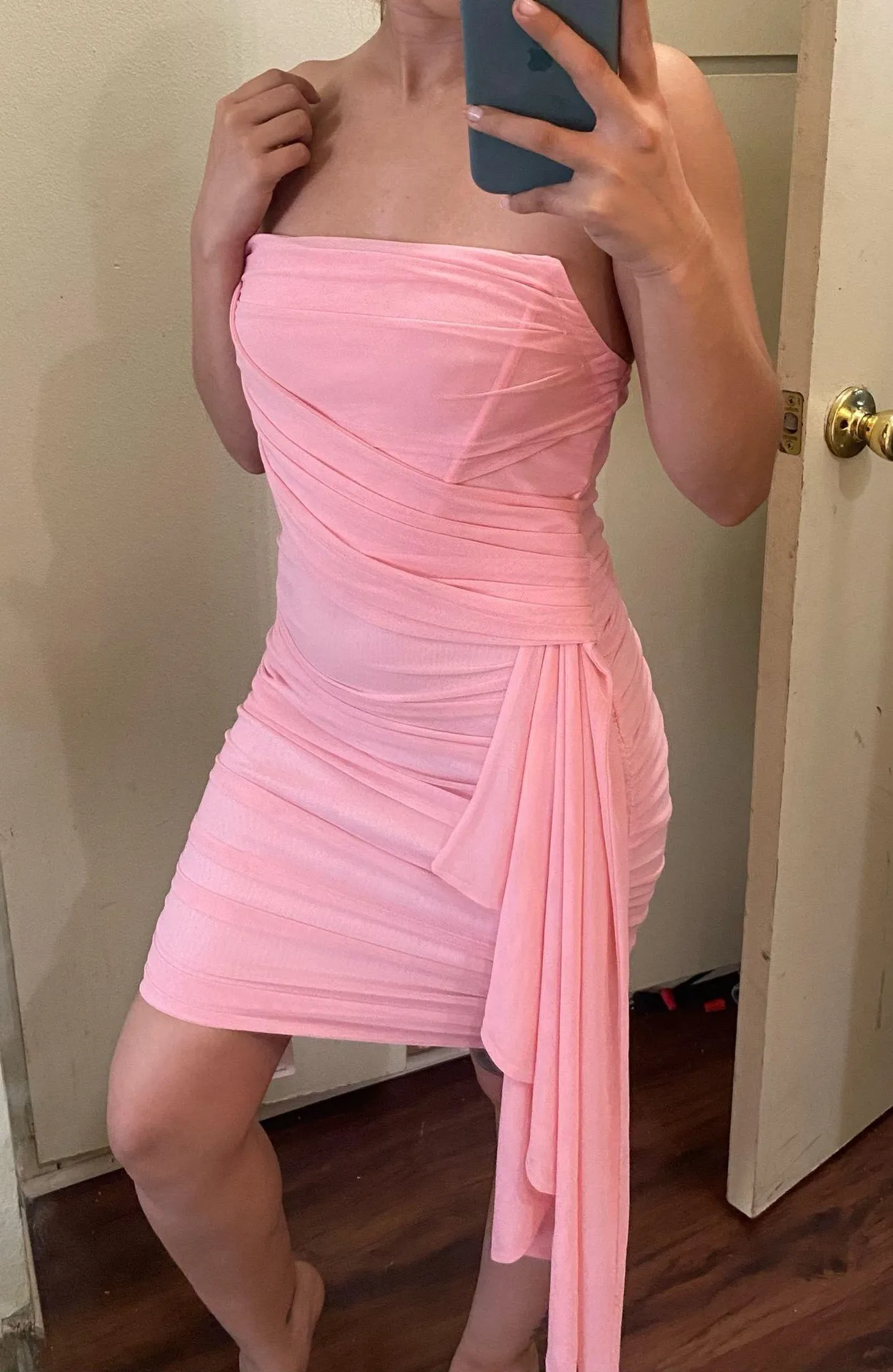 NWT Colysmo Small Pink Mesh Strapless Side Draped Ruched Bodycon Corset Dress - Image 3