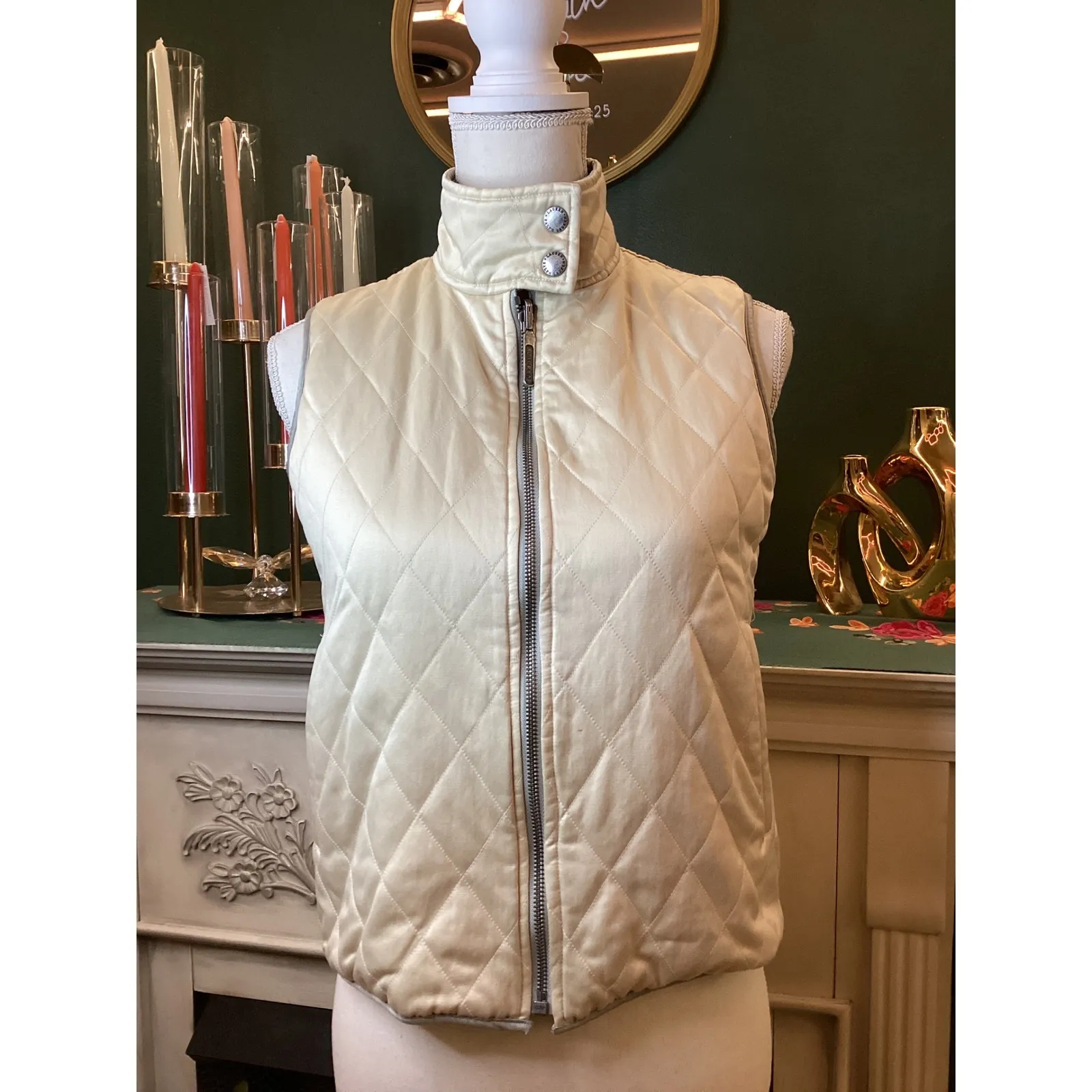 Ralph Lauren Reversible Quilted Vest Metallic Silver/Ivory Zip Up P/P Silver Size undefined - Image 3