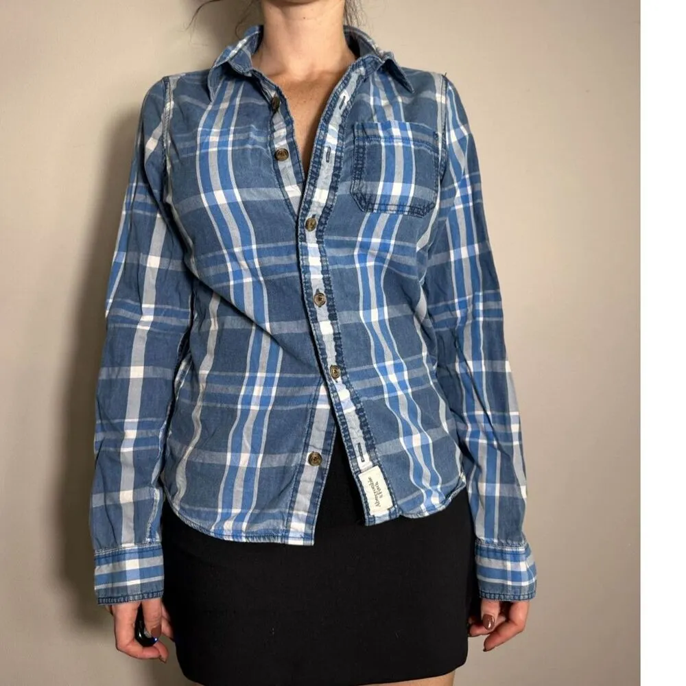 y2k abercrombie and fitch blue checkered plaid button down shirt size small - Image 7