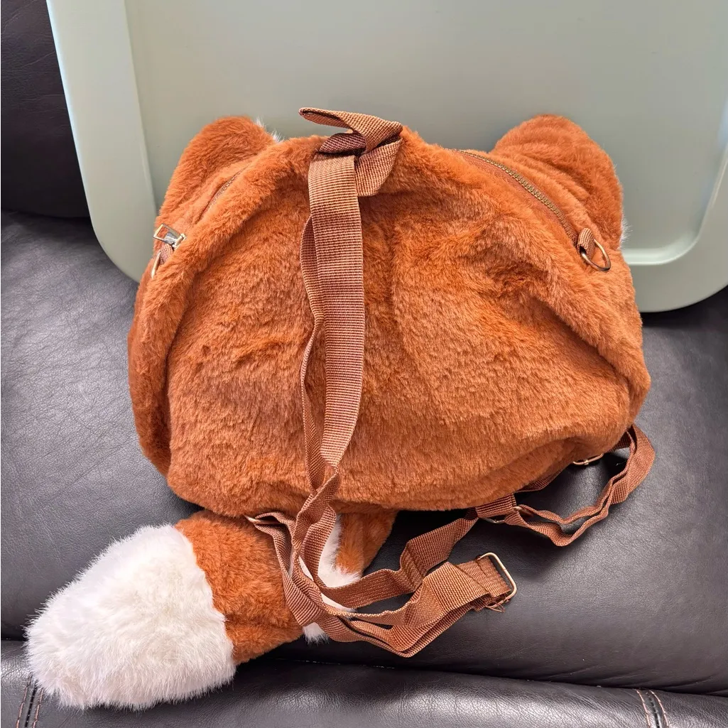 Adorable Raccoon head form plush bag backpack purse with fluffy tail Brown - Image 5