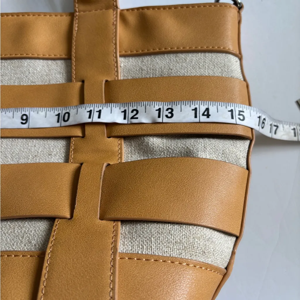 MIZTIQUE TAN NATURAL FAUX LEATHER AND CANVAS HAND BAG ZIP CLOSURE POCKET INSIDE - Image 12