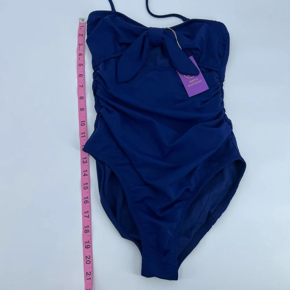 NEW AMITA NAITHANI CLARA ONE Piece swimsuit navy blue front bow halter sz small - Image 6